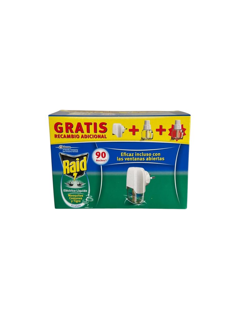 Raid Eléctrico Líquido Eucalipto 90 Noches | Anti Mosquitos Comunes y Tigre + 2 Recambios